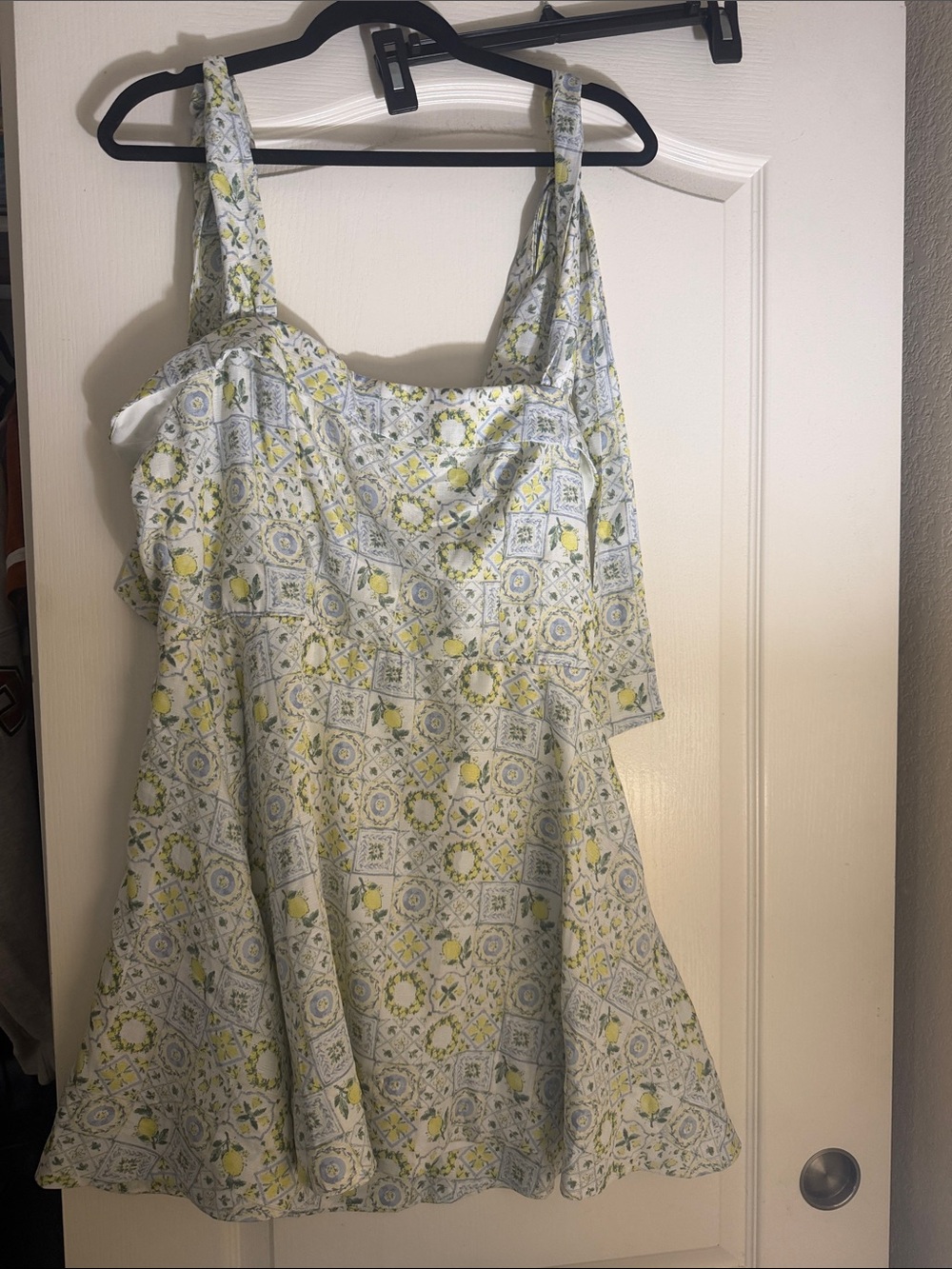 Francesca's Collections Light Blue and Yellow Tile-Print Mini Dress